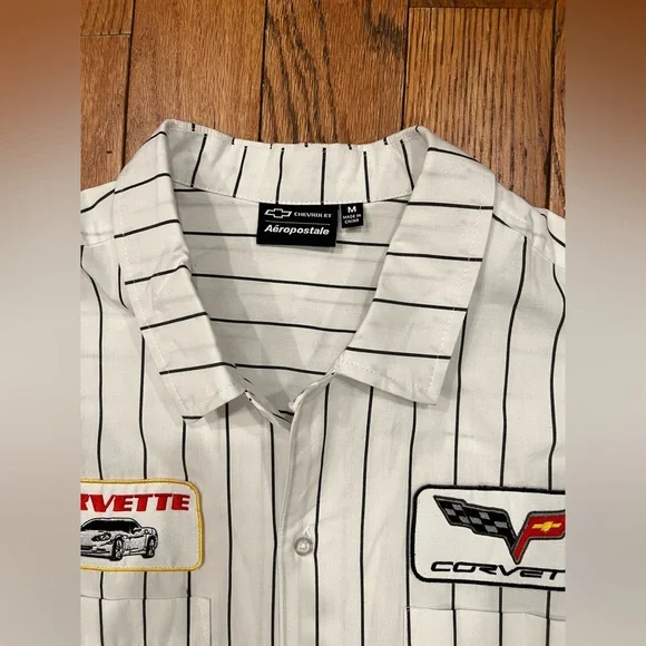 Aeropostale Chevrolet Corvette Mechanic Striped Collar Shirt Mens Medium Button - Picture 3 of 10